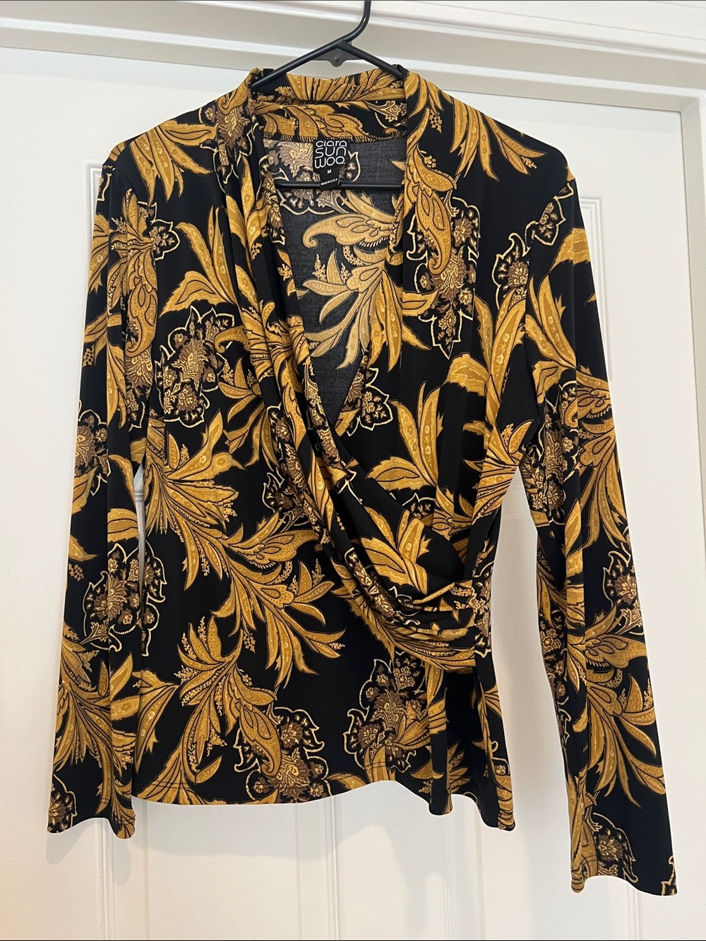 Clara Sun Woo Black and Gold Floral Wrap-Style Long Sleeve Top